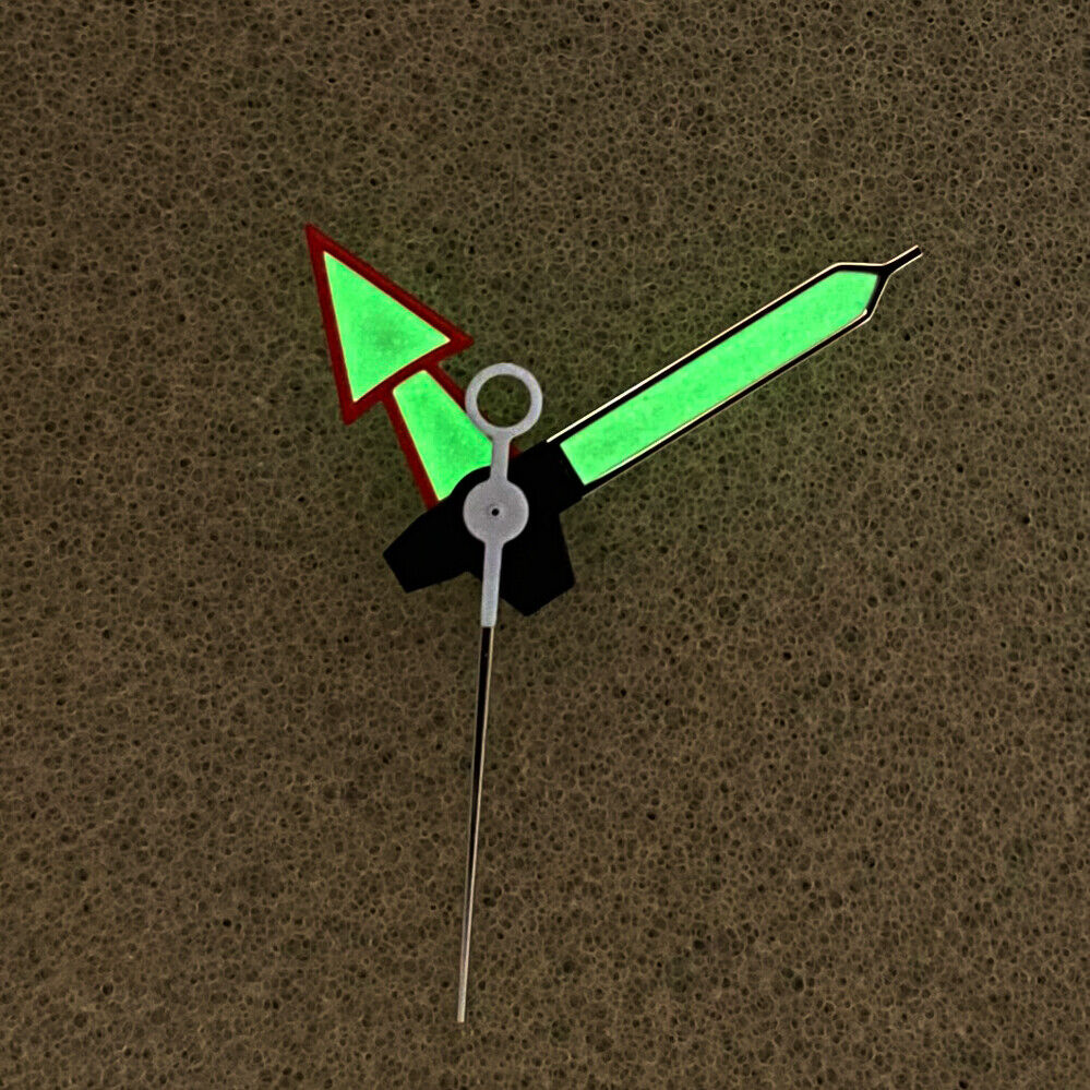 Red and silver arrow-shaped luminous watch hands with green glow for NH35/NH36/4R/7S movements by ArrowLux