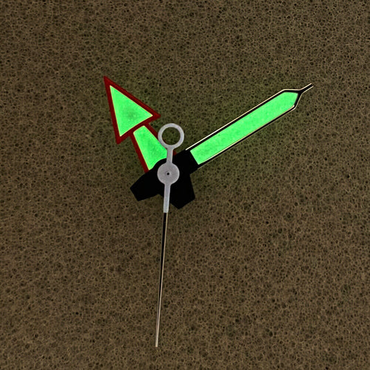 Red and silver arrow-shaped luminous watch hands with green glow for NH35/NH36/4R/7S movements by ArrowLux