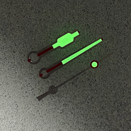Color Block silver-trimmed green luminous watch hands for NH35/NH36/4R/7S automatic movements, precision fit, Seiko compatible.
