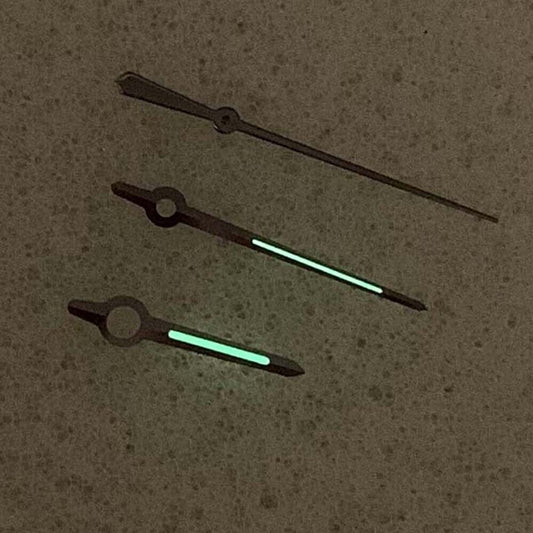 Green luminous black trim watch hands for NH35/NH36/4R/7S movement, enhancing visibility and style.