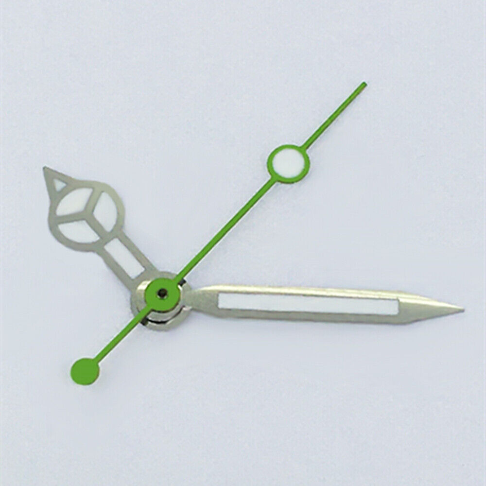 Green lume watch hands with silver trim for ETA2836/2846/2824 movements, perfect for watch repairs.