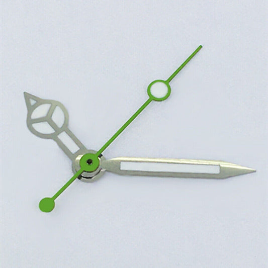 Green lume watch hands with silver trim for ETA2836/2846/2824 movements, perfect for watch repairs.