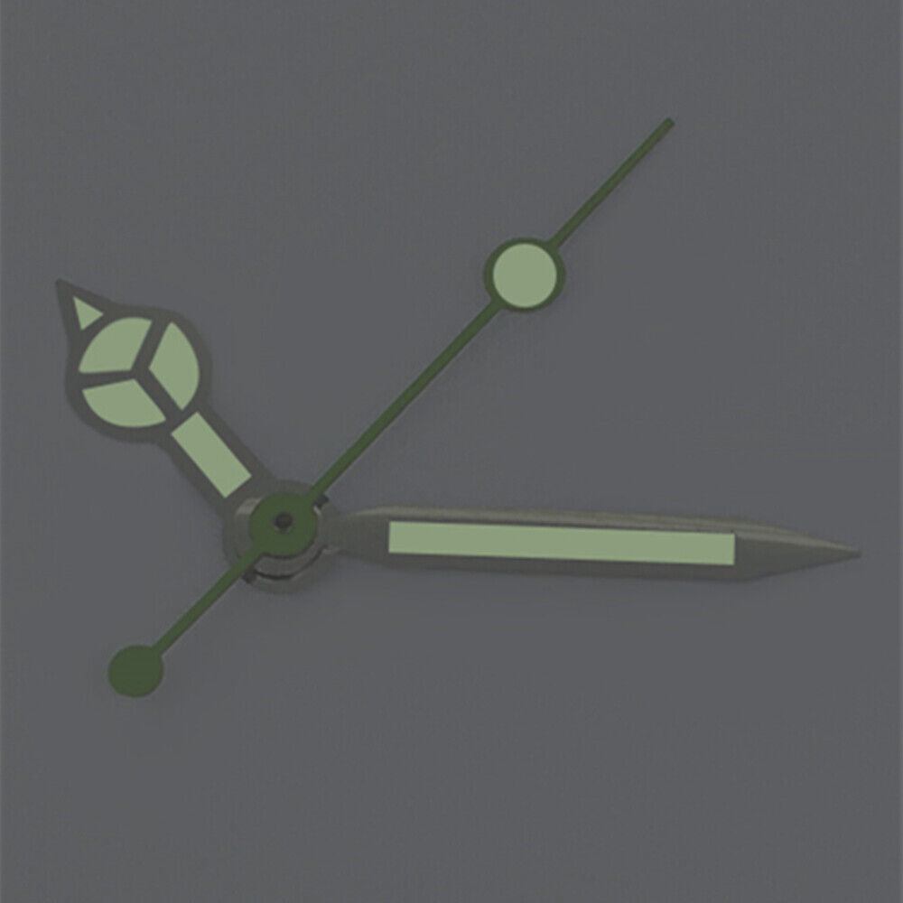 Green lume watch hands with silver trim for ETA2836/2846/2824 movements, perfect for watch repairs.