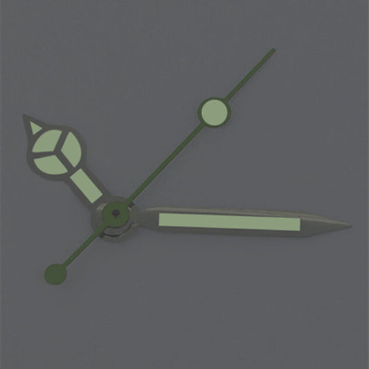 Green lume watch hands with silver trim for ETA2836/2846/2824 movements, perfect for watch repairs.