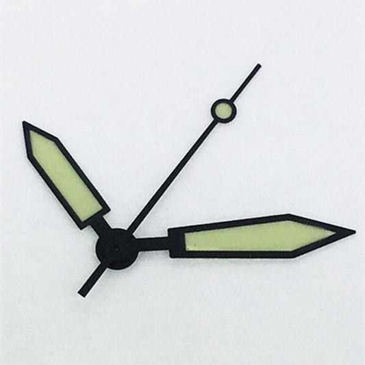 Arrow shaped green luminous watch hands for ETA2836 movement, enhancing visibility and style.