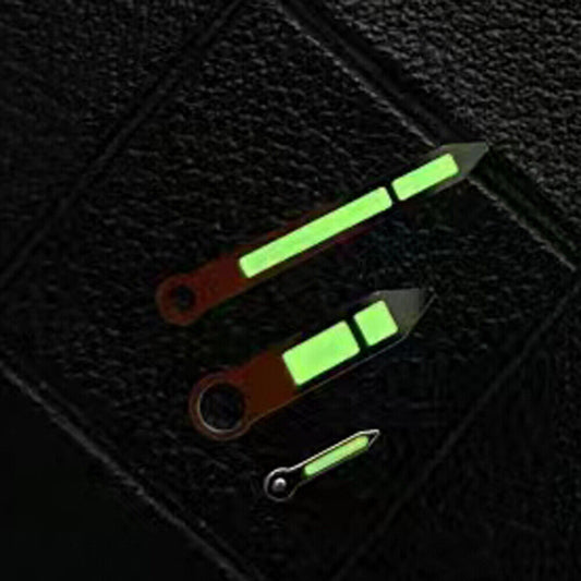 Silver trimmed light green lume watch hands for ETA6497/6498 and ST3600/ST3620/ST3621 movements, ideal for precision repairs.