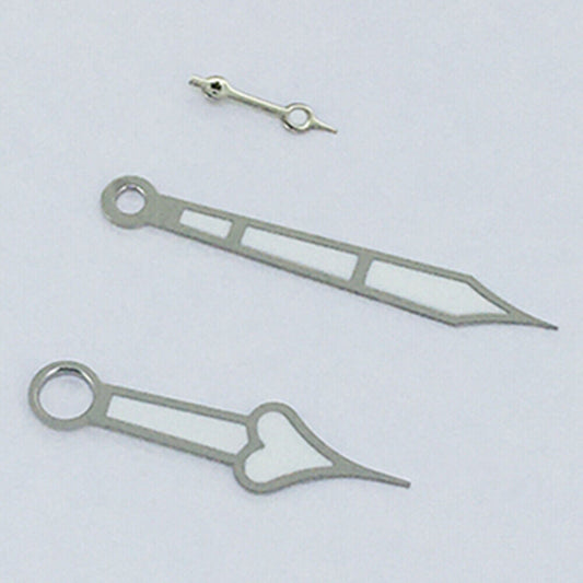 Heart shaped silver trim green lume watch hands for ST3600/ST3620/ETA6497/6498, perfect for vintage watch upgrades.