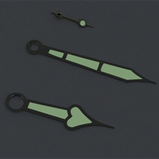 Heart shaped silver trim green lume watch hands for ST3600/ST3620/ETA6497/6498, perfect for vintage watch upgrades.