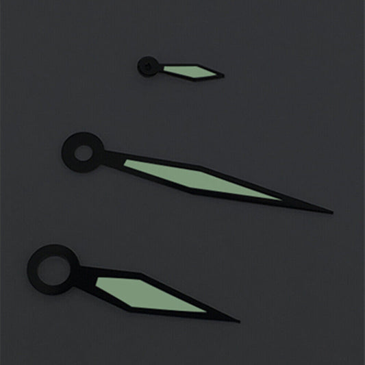 Black trim white polished watch hands with green lume for ST3600, ST3620, ETA6497, ETA6498 movements.