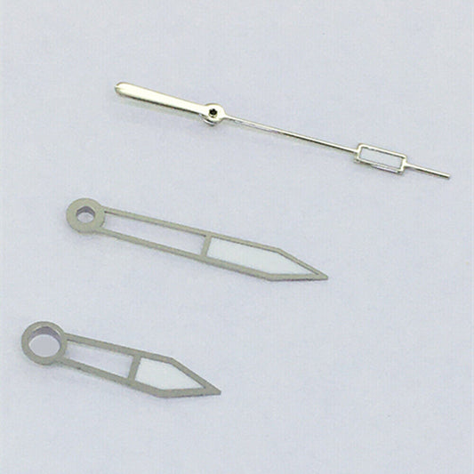 Silver watch hands with green lume and silver trim for ETA2836/2846/2824/2846 movements.