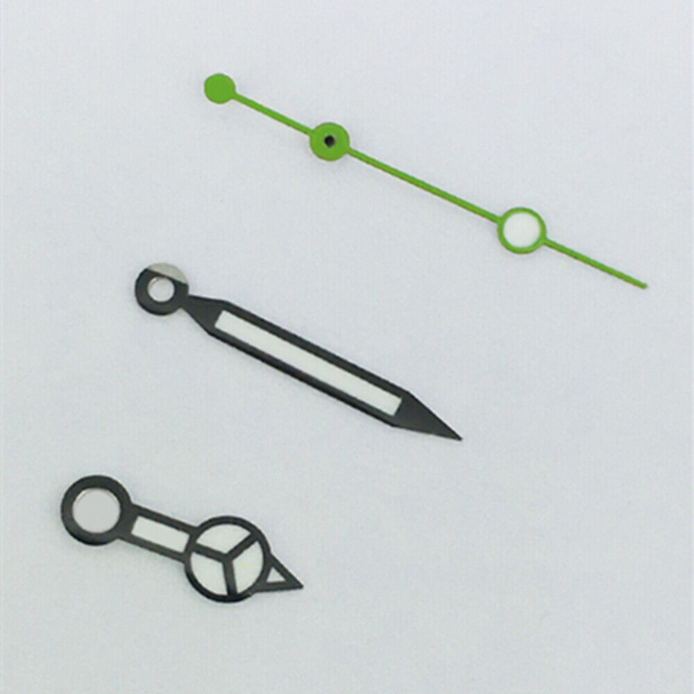 Green lume watch hands with black trim, compatible with ETA2836/2846/2824/2846 movements, for accurate timekeeping.