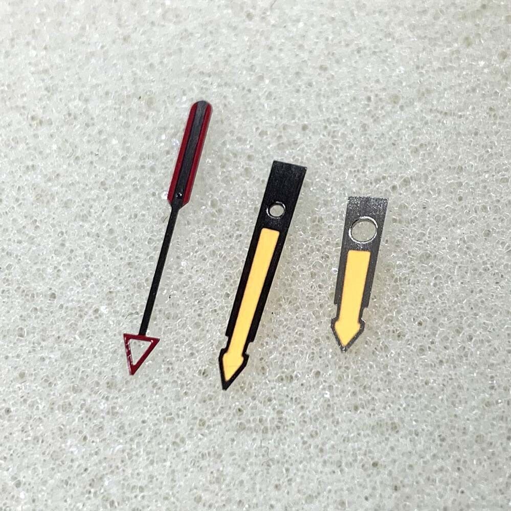 Arrow-shaped yellow luminous watch hands with black trim, compatible with NH35, NH36, 4R, and 7S movements.