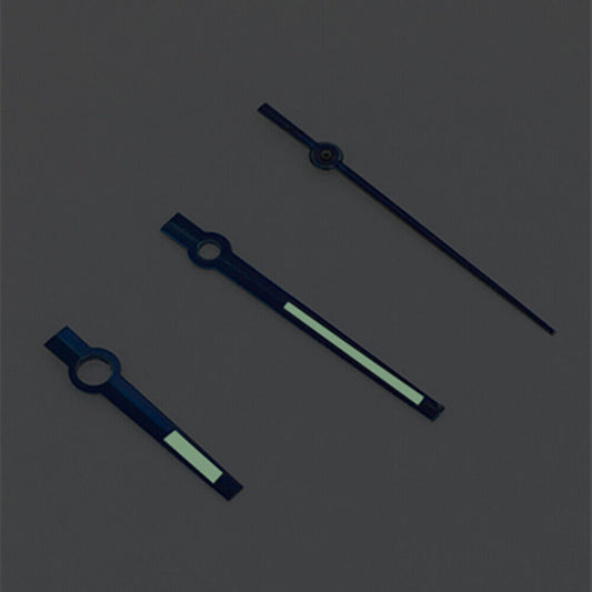 Blue-trimmed luminous watch hands with green glow for Asian 8215/2813/8205 movements.