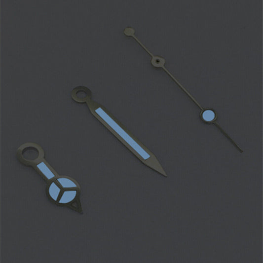 Silver-trimmed green polished blue lume watch hands for Asian 8215/2813/8205 movements, precise timekeeping accessory.