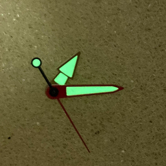 Silver and red trim luminous watch hands for NH35/NH36 movement, ideal for green dial watches.