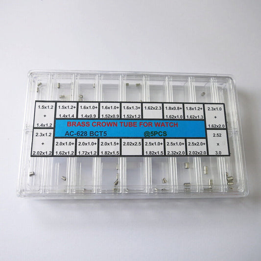 Brass watch crown tube assortment, 90 pieces in 18 sizes and shapes, 1-2 step design for repairs and replacements.