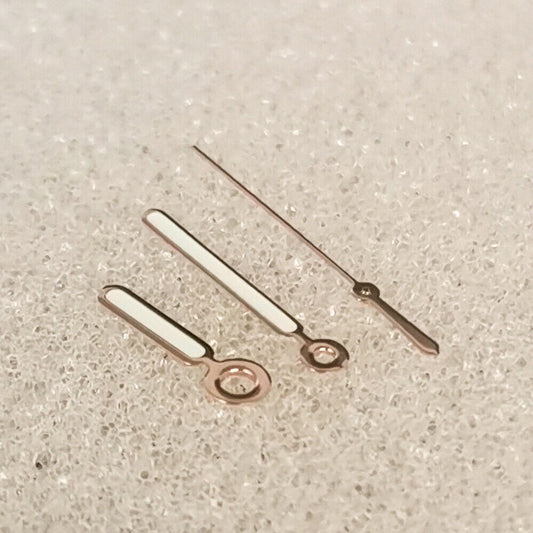 Green luminous rose gold watch hands with trim, compatible with NH35/NH36/4R/7S movements.