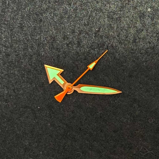 Green luminous golden trim watch hands for NH35/NH36/4R36 SK007 movement, precise fit and style.