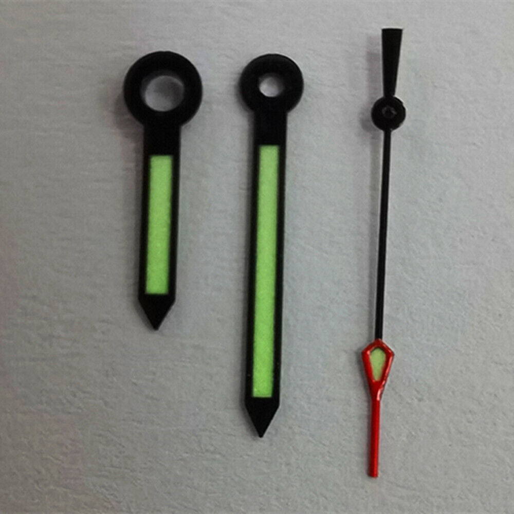 Black trim green luminous watch hands for NH35 NH36 movement, enhancing time precision.