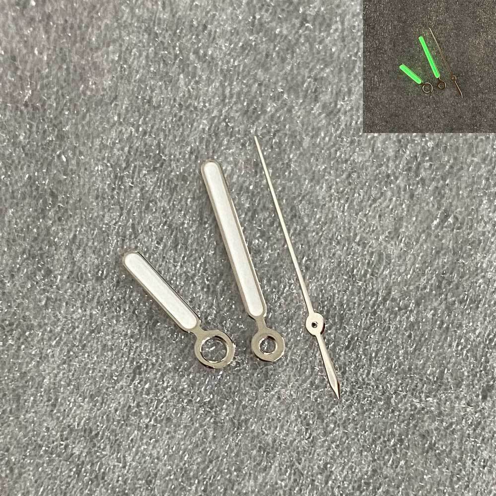 Vintage green luminous watch hands with silver trim, compatible with NH35/NH36 movement, designed for precise timekeeping.