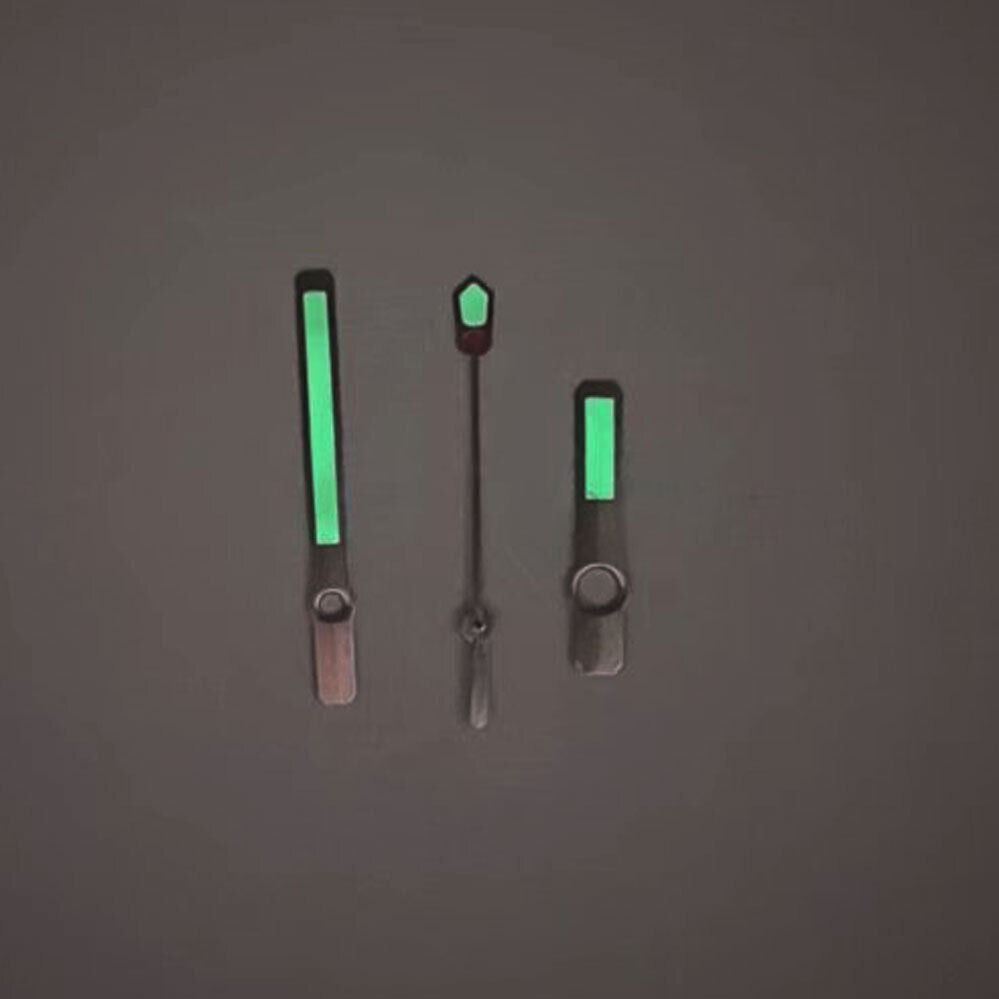 Green luminous watch hands with silver and rose gold trim for NH35/NH36/4R/7S movements.