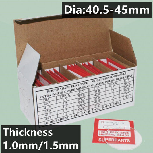 Set of 20 flat 1.5mm thick 40.5-45mm mineral crystal watch glass replacements for durable repair.