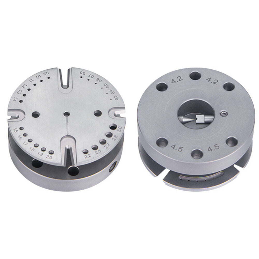 Blue rotated stand for precise watch balance wheel removal and repair tasks.