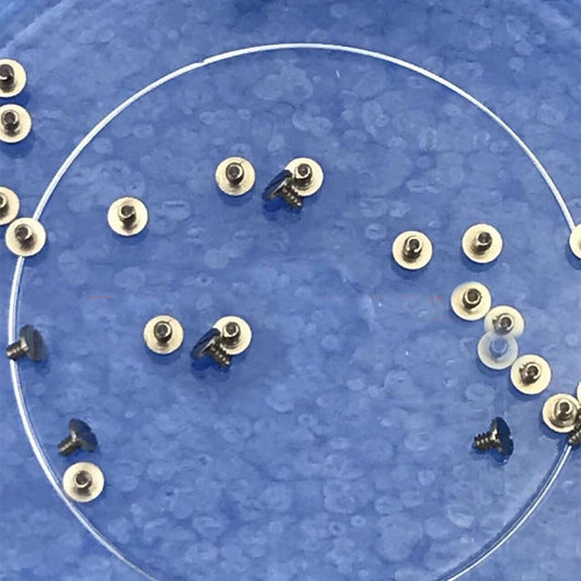 Close-up of Generic SA100 watch part screws for combined setting lever jumper, precise assembly components.