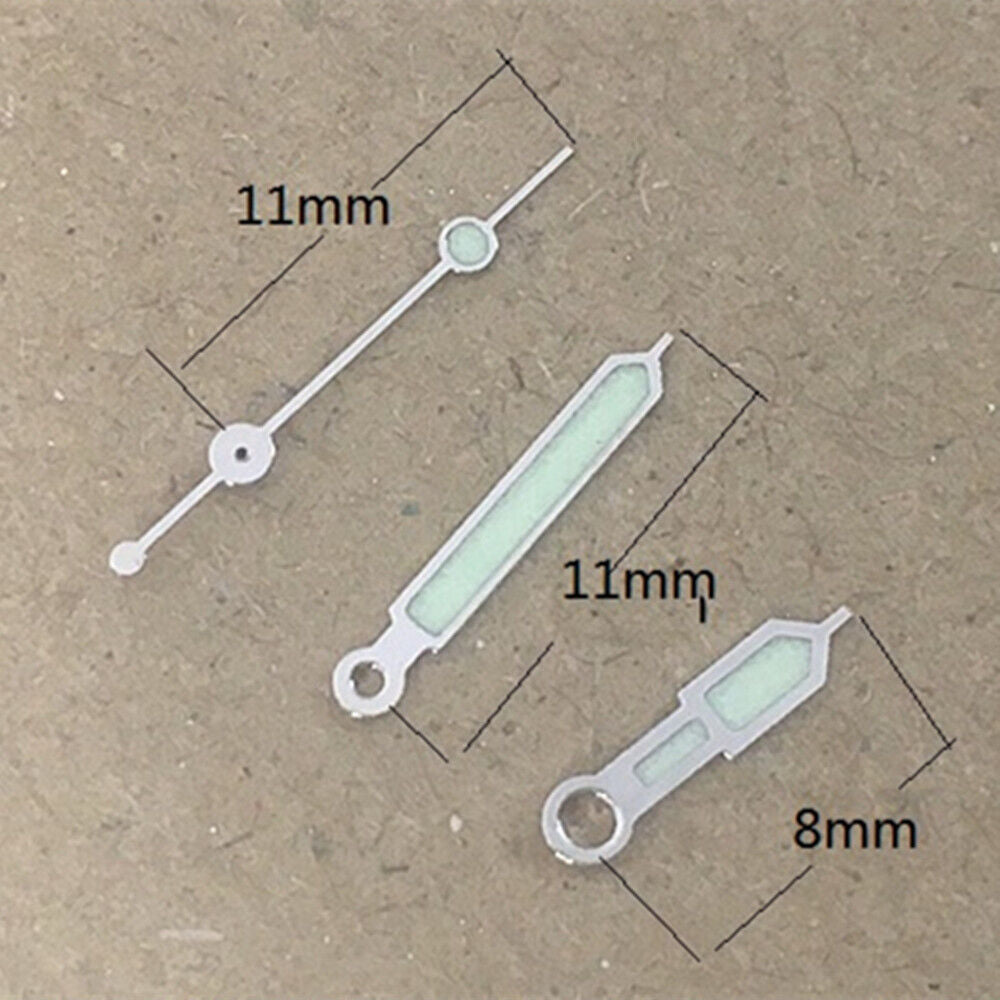 Aiguilles de montre pointues luminescentes vertes argentées de 11 mm pour mouvement à quartz Miyota 6M12