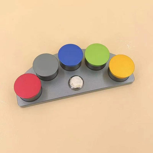 Die-cast alloy oil cup stand with 5 colorful containers and secure covers for watch repair.