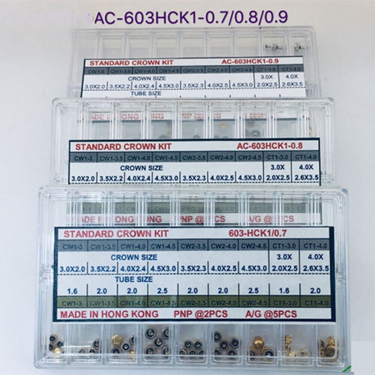 Hongkong Made Standard Watch Crown Kit Assortment with various sizes for watchmakers.