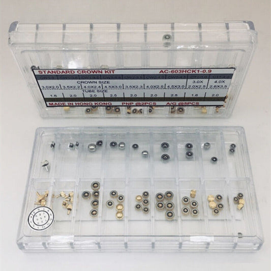 Hongkong Made Standard Watch Crown Kit Assortment with various sizes for watchmakers.