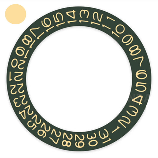 Dark hunter green date wheel with peach yellow font for Miyota NH35 and NH36 watches, precision detail.