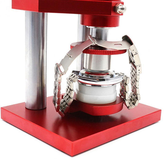 Watch Repair Case Cover Press Tool with 20 fitting dies for precise watch accessory adjustments.