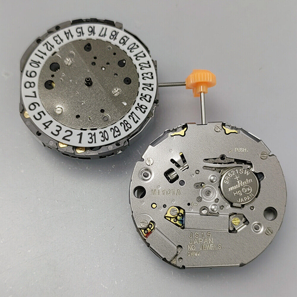 Miyota JS15 Japan Quartz watch movement with small second at 6, date at 6, and markers at 9 and 12.