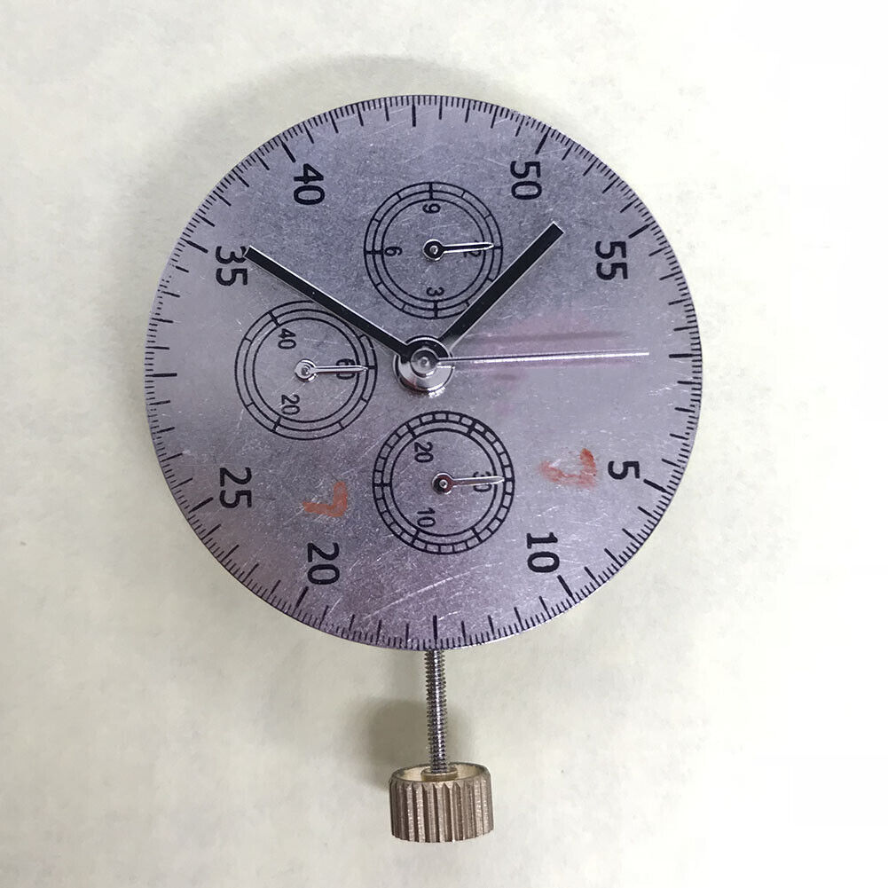 Close-up of China Made 7750 automatic chronograph movement with ETA 7753 layout and subdials at 3, 6, and 9 o'clock.