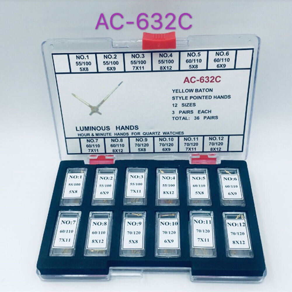 Set of 36 luminous hour and minute watch hands for quartz watches, ideal for precise repairs and craftsmanship.