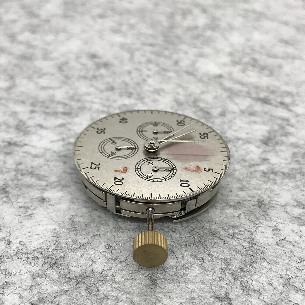Close-up of Asian 7750 Automatic chronograph showing ETA 7753 layout with subdials at 3, 6, and 9 o?clock for precision timing.