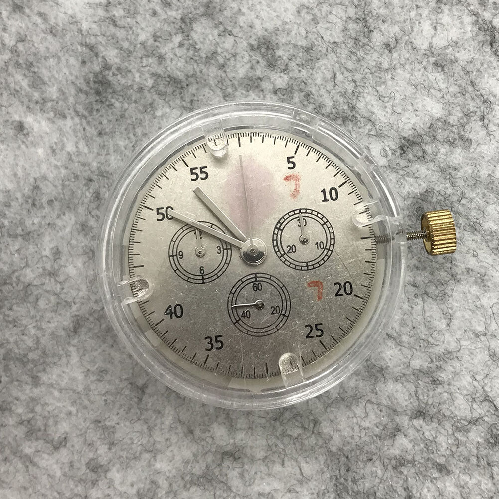 Close-up of Asian 7750 Automatic chronograph watch movement featuring ETA 7753 layout with subdials at 3, 6, and 9 o?clock.