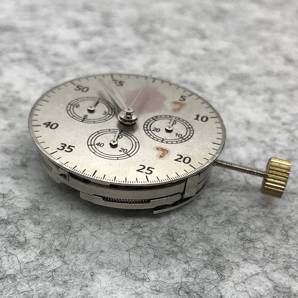 Asian 7750 automatic chronograph movement by ETA with subdials at 3, 6, and 9 o?clock.