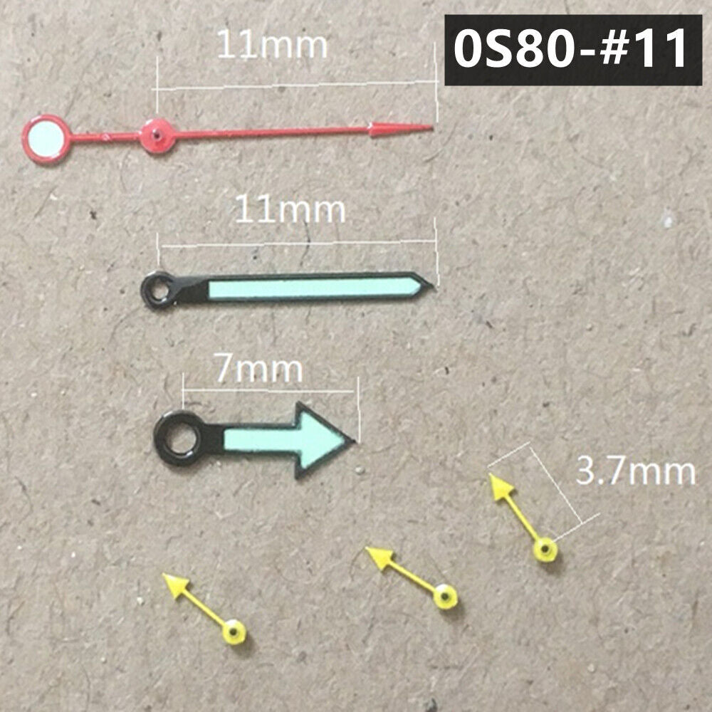 Aiguilles de montre lumineuses vertes en forme de flèche de 11 mm, garniture noire, pour mouvement Miyota 0S80