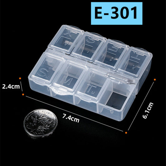 Clear 8-grid storage case for organizing small watch accessories, 5pcs set with hinged lid for secure closure.