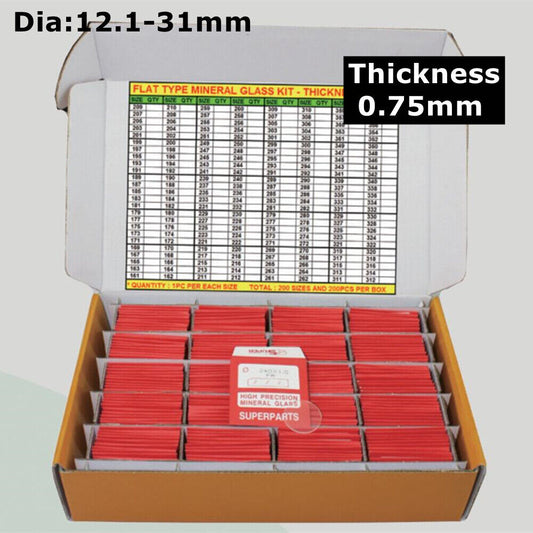 Set of 190 flat round watch glass mineral crystals, 12.1-31mm thickness 0.75mm, durable replacement parts.