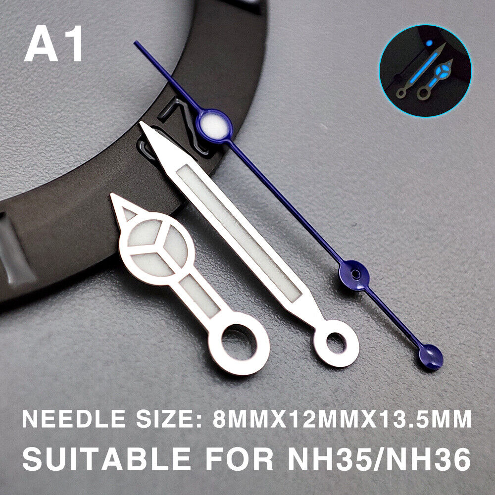 Blue luminous watch hands with silver trim, 13.5mm for Miyota NH35/NH36/NH38, enhanced night visibility.