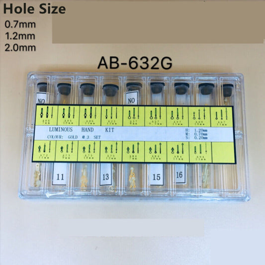 Set of 17 luminous gold watch hands in various sizes for precise timepiece repair by AB-632G.