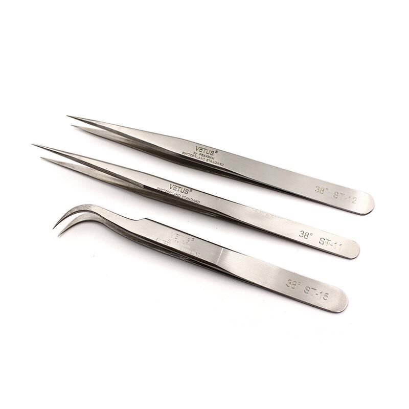 VETUS ST-10 steel anti-magnetic tweezers for precise handling of watch repair components.