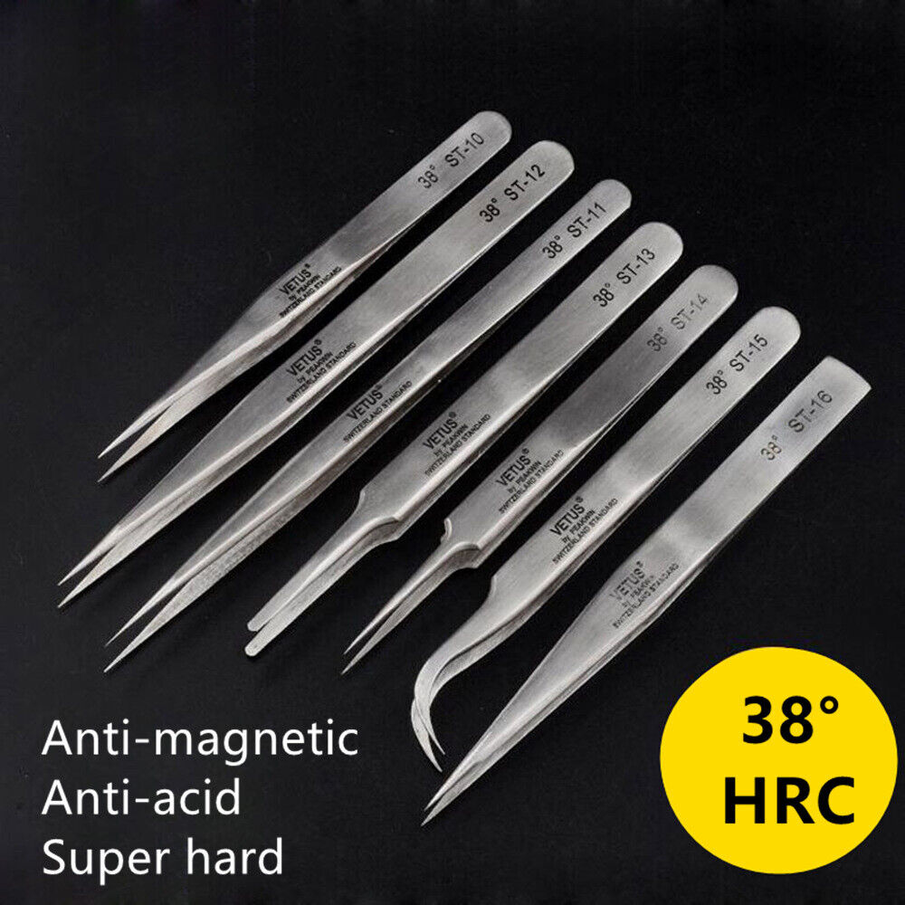 VETUS ST-10 steel anti-magnetic tweezers for precise handling of watch parts and small accessories.