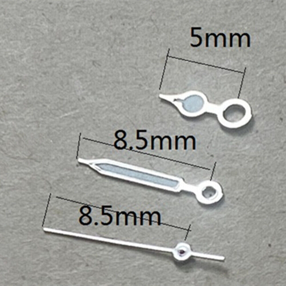 Arrow-shaped silver trim watch hands, 8.5mm, for Miyota 1M12 Japan quartz movement, precise timekeeping accessory.