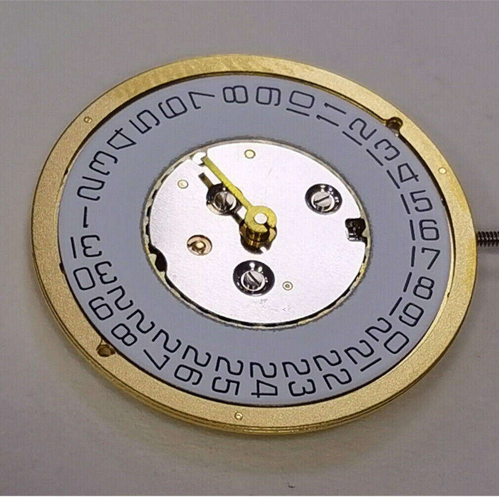 ISA 220 golden quartz watch movement with calendar, 2-hand design, ideal for men's Watchmakers timepieces.
