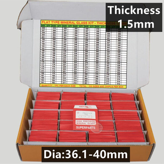 Set of 120 flat 1.5mm thick round watch crystals, 36.1-40mm, durable mineral glass for replacements.